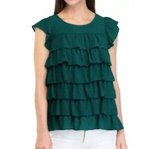 Crown & Ivy Womens Lined Green Tiered Ruffle Flutter Sleeve Top Large